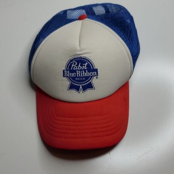 VINTAGE PBR PABST RED WHITE BLUE RIBBON MESH TRUCKER DAD HAT COSTUME CAP - Picture 8 of 8